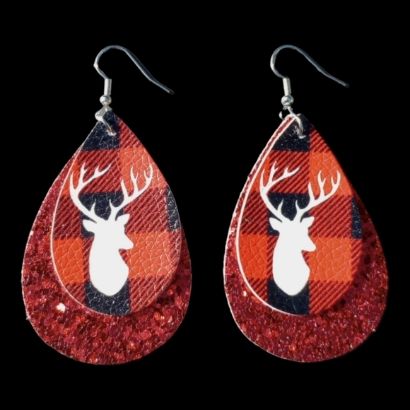5/$25 Christmas Tree Glitter Earrings Faux Leather Plaid Christmas Dangle red - Picture 3 of 12